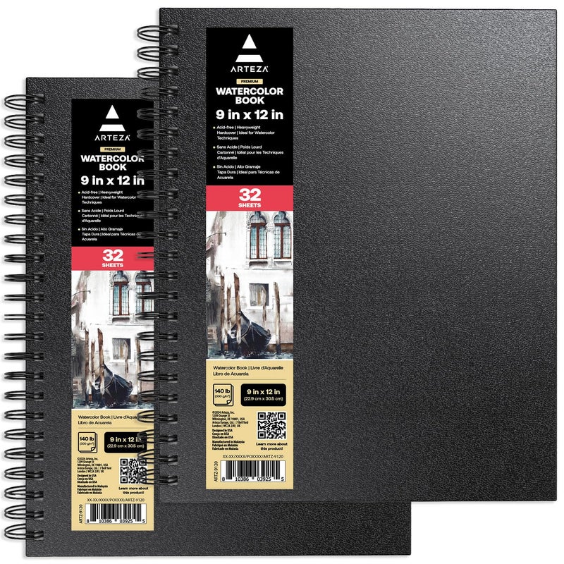 ARTEZA Watercolor Sketchbook 2-Pack, 64 Pages Each, 9x12 Inches â€“ Spiral-Bound, 140 lb Cold Press Paper, Black Hardcover for Watercolor & Mixed Media - Image 1